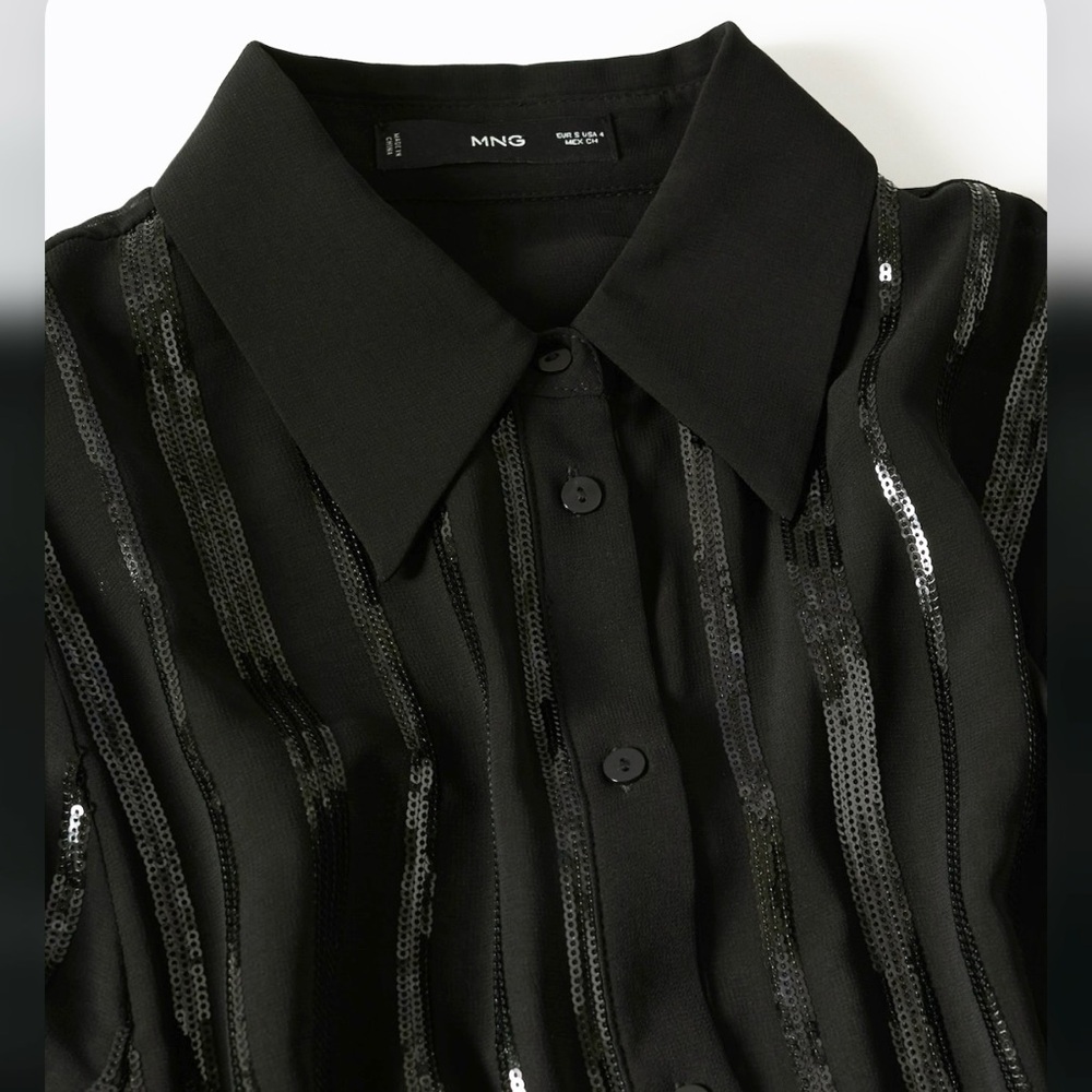 Mango- Black Sequins Button Down Top. Size: Xs - image 5